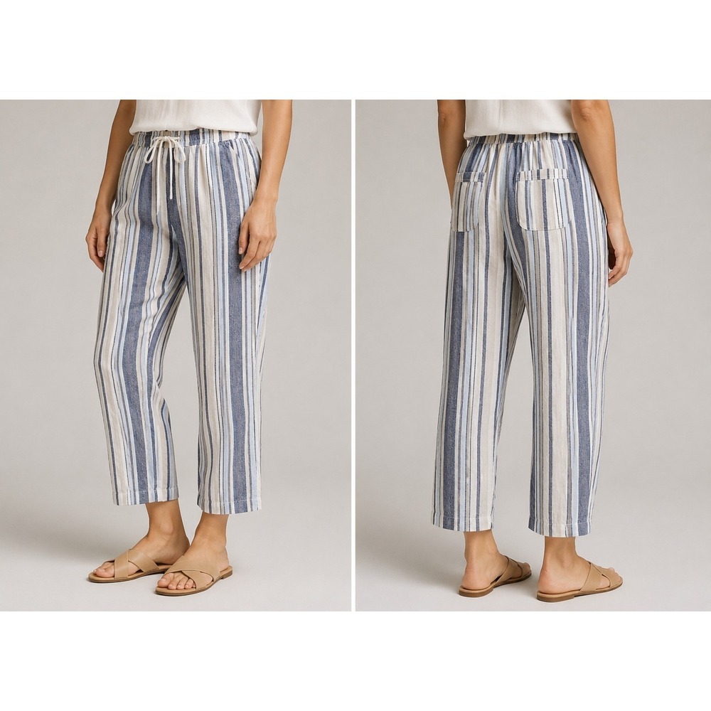 Dash striped linen blend cropped pull on pants womens medium blue white